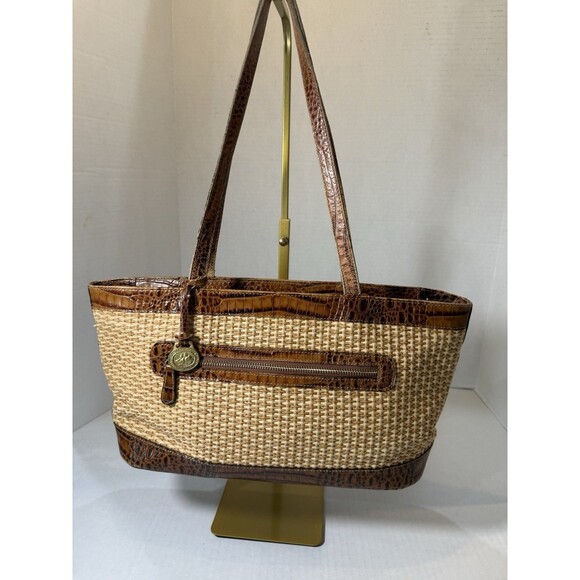 Brahmin Handbags - Brahmin Tisbury Collection Raffia Woven Straw Body Vintage & Croc Leather Trim